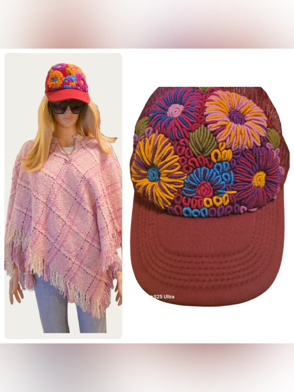 Hand Embroidered Floral Trucker Hat Mexican Artisanal Floral Cap Burgundy